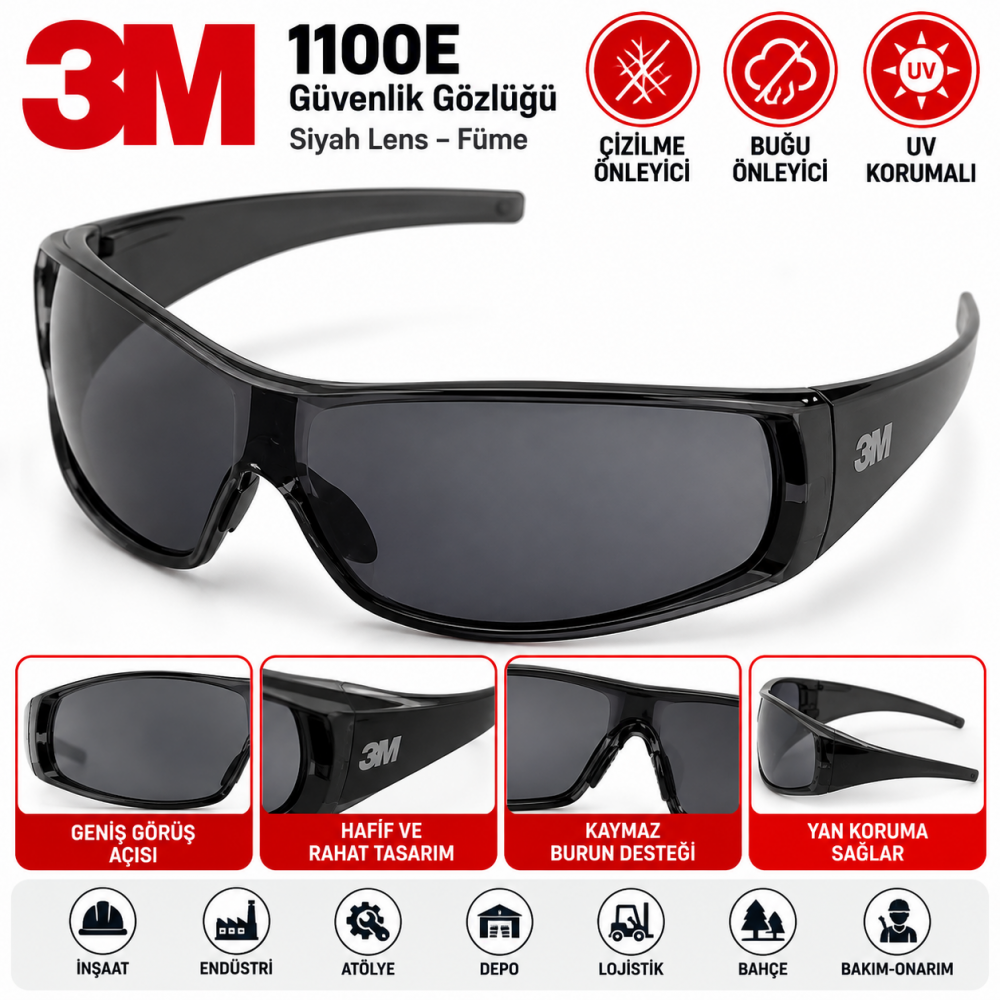 3m 1100E Siyah Lens Füme Çızılme ve Buğu Önleyıcı Gözlük
