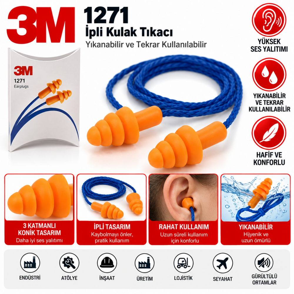 3M 1271 Yıkanabilir İpli Kulak Tıkacı