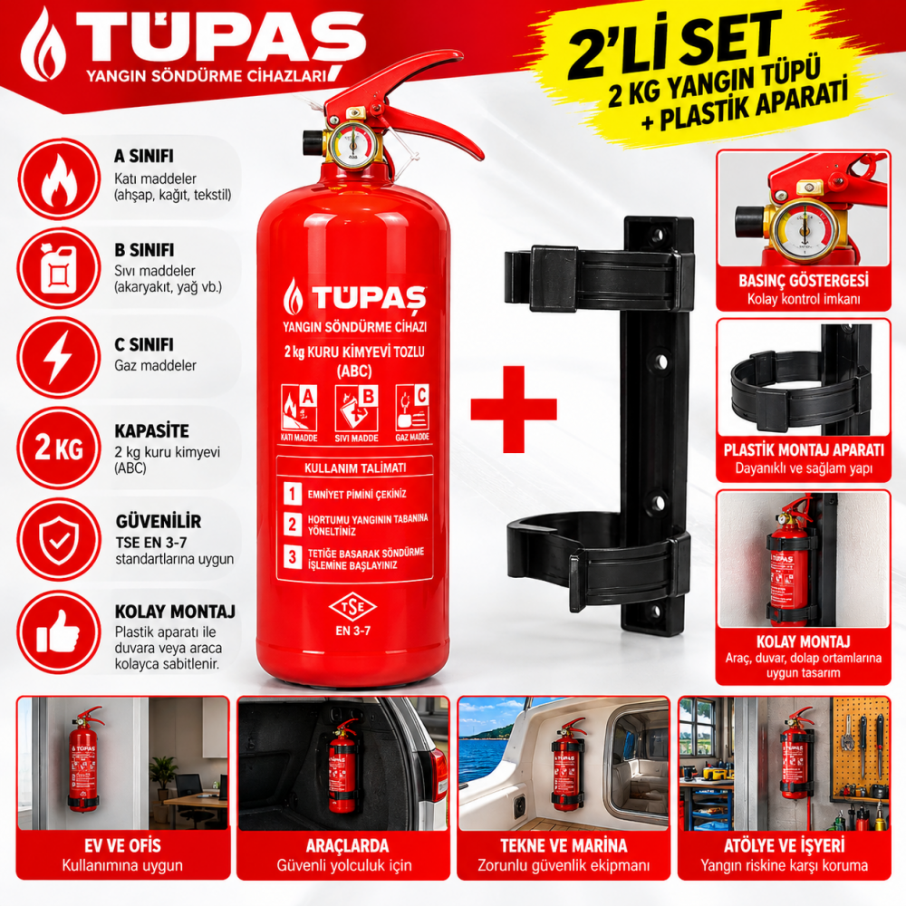 2kg Tüpaş Yangın Tüpü ve Plastik Aparatı 2li Set