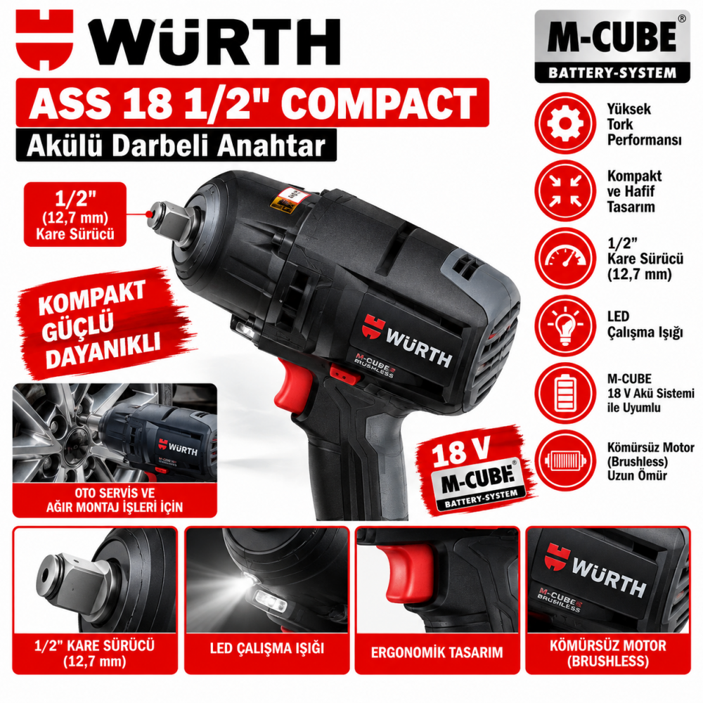  Würth  Akülü darbeli anahtar ASS 18 1/2 inç COMPACT M-CUBE