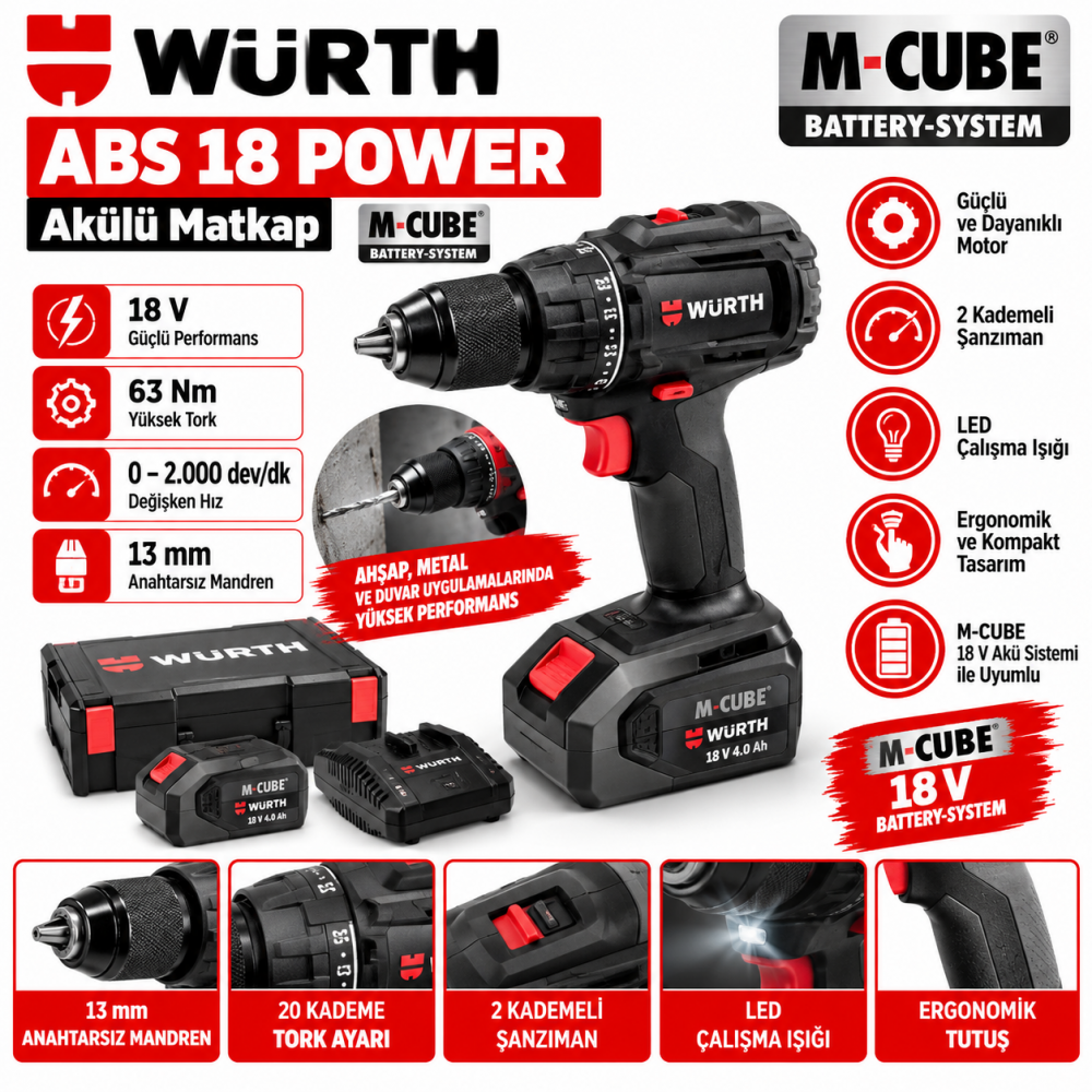  WÜRTH ABS18 SUBCOMPACT M-CUBE akülü matkap PROMO EDITION