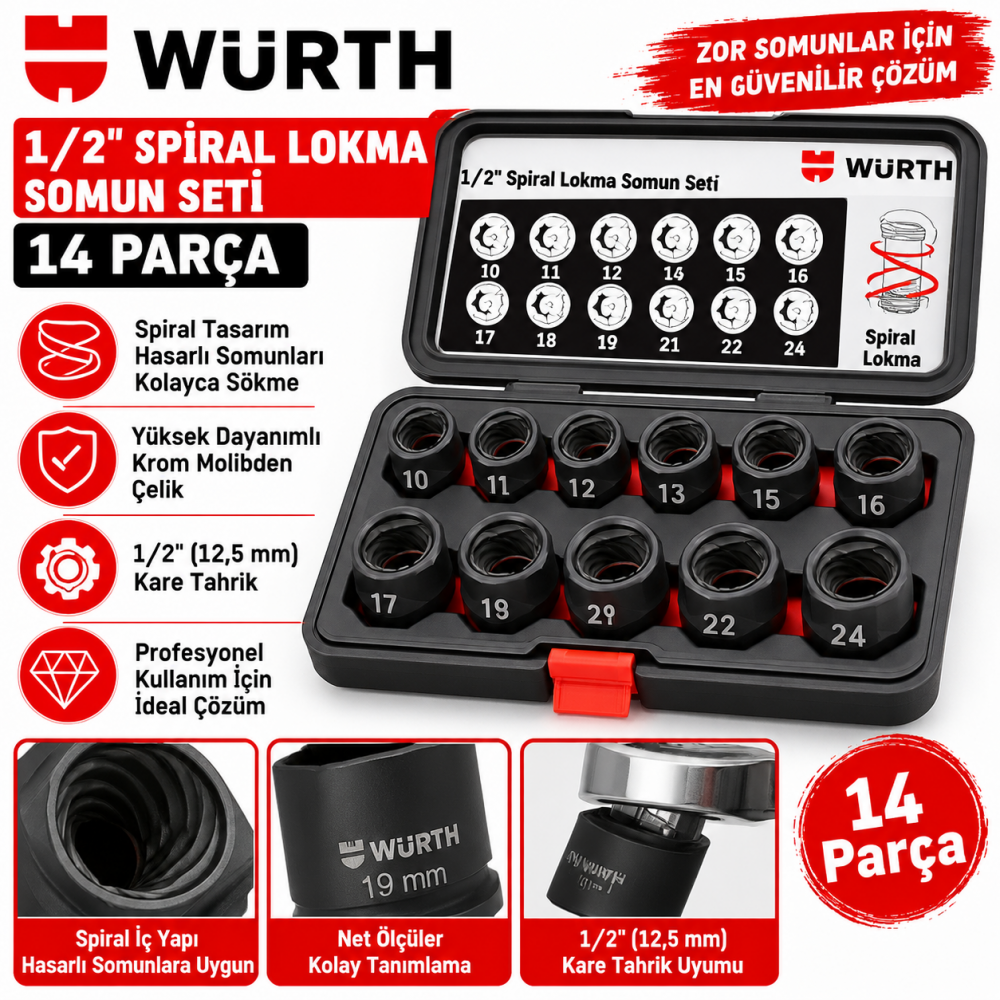 1/2 inç spiral lokma somun seti 14 parça