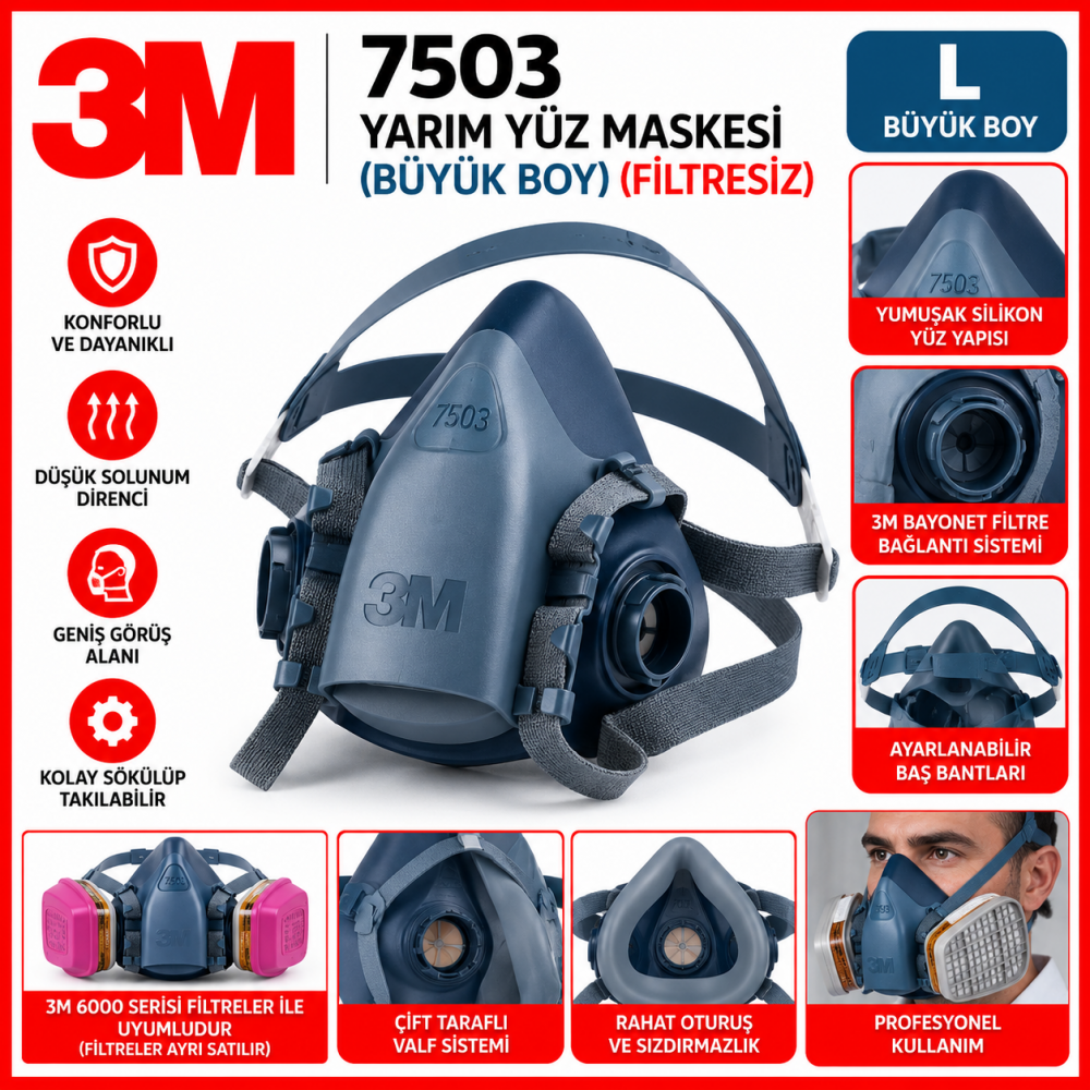 3M 7503 Yarım Yüz Maskesi (Büyük Boy) (Filtresiz)