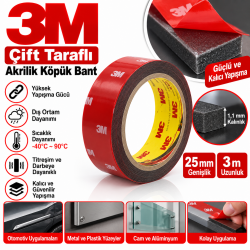 3M Çift Taraflı Akrilik Köpük Bant 25mmx3mt 