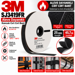 3M Aleve Dayanıklı Kancalı Cırt Cırt Bant SJ3419FR, Siyah, 25 mm x 45.7 m