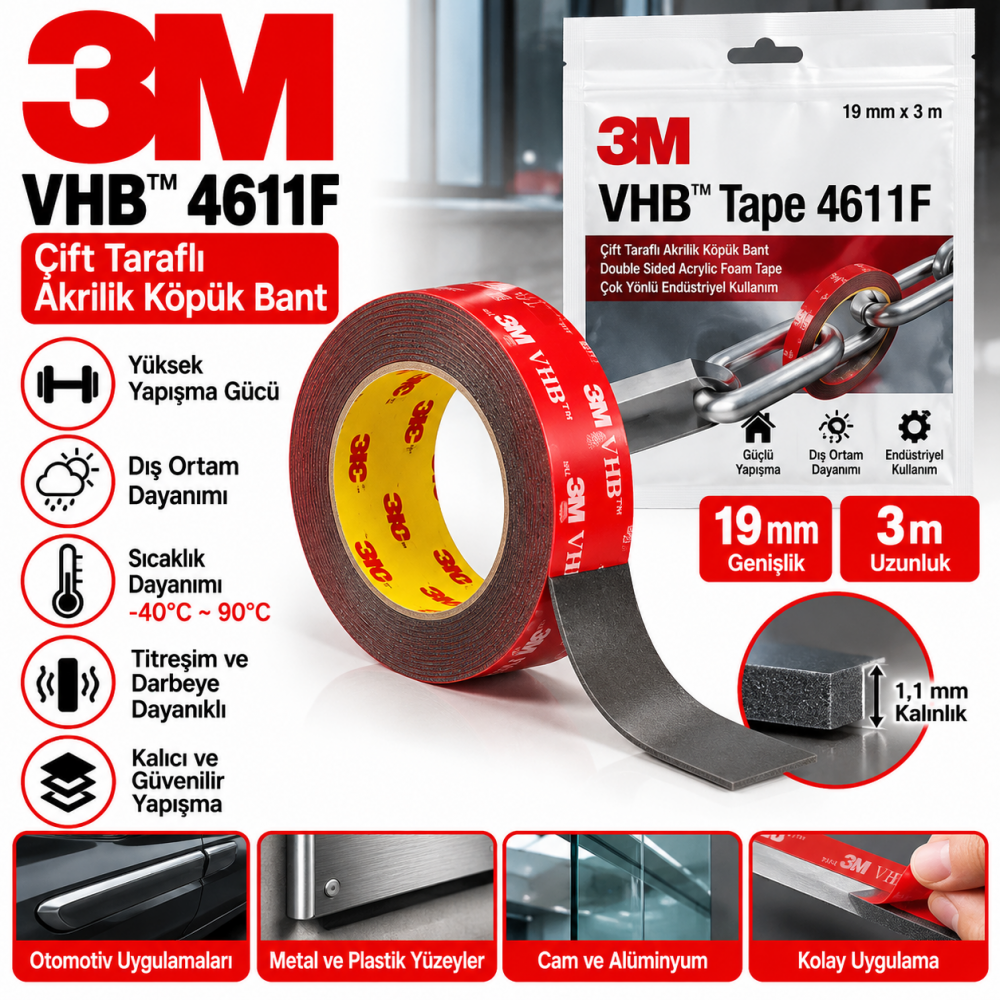 3M Çift Taraflı Akrilik Köpük Bant 19mmx3mt 