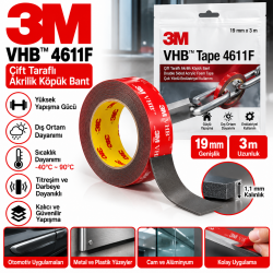 3M Çift Taraflı Akrilik Köpük Bant 19mmx3mt 
