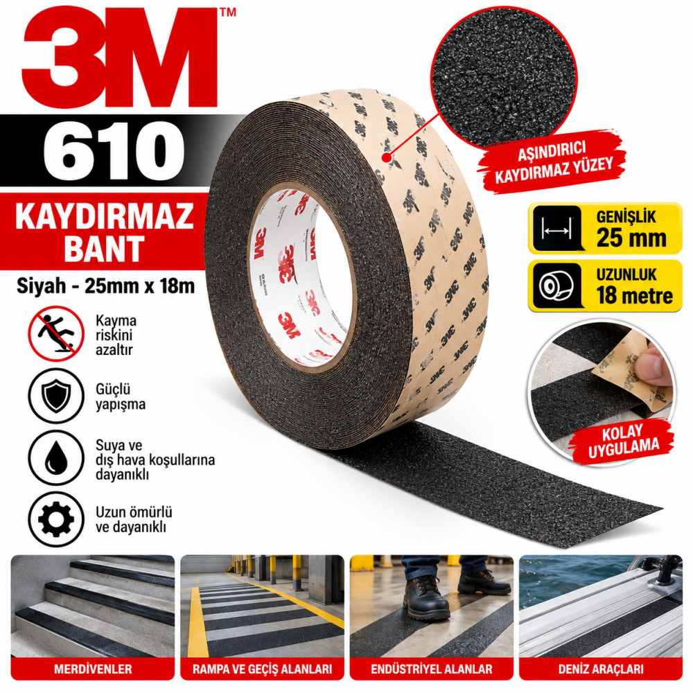 3M 610 Kaydırmaz Bant Siyah 25mmX18m