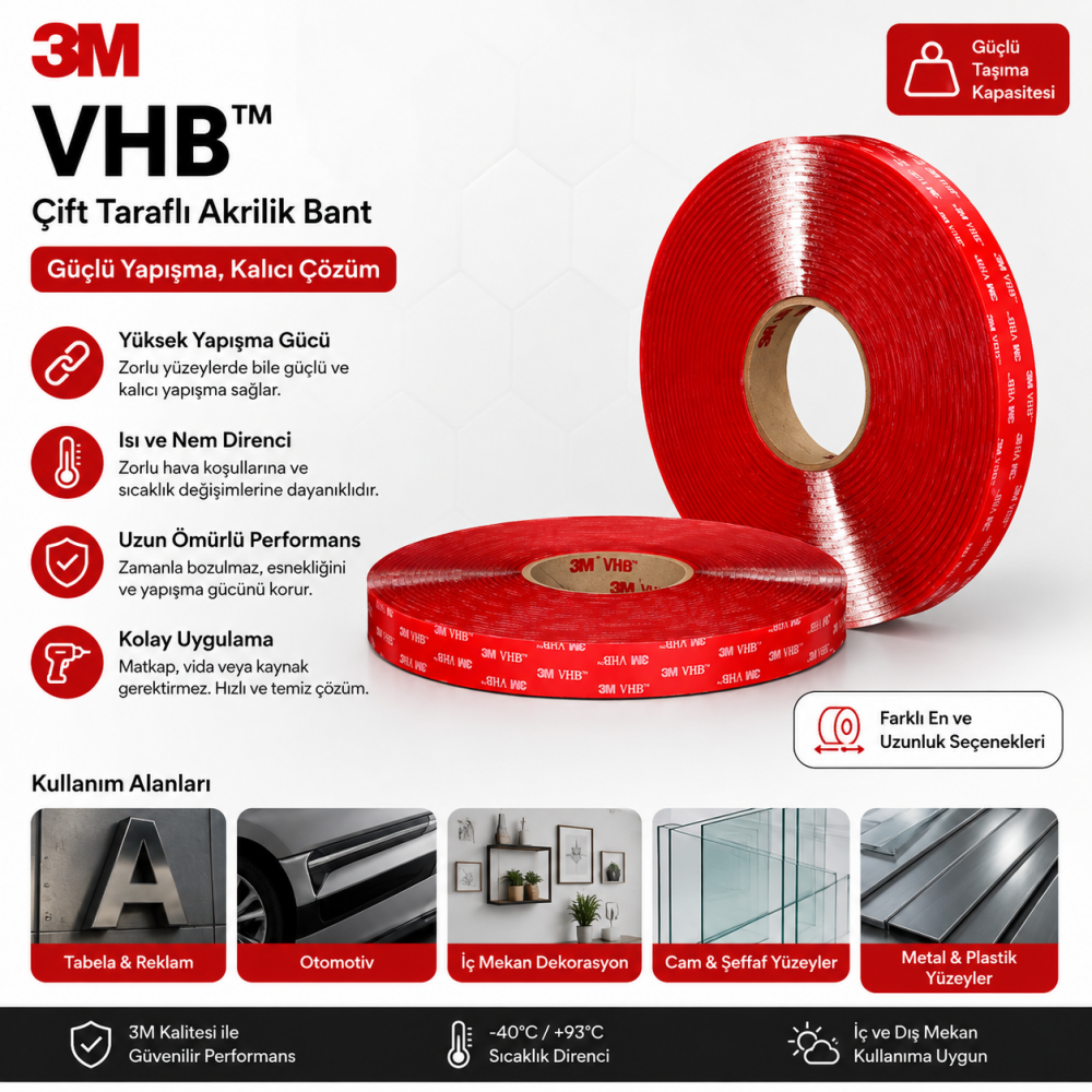 3M™ VHB™ Bant 4910F, Şeffaf, 19 mm x 33 m, 1.0 mm