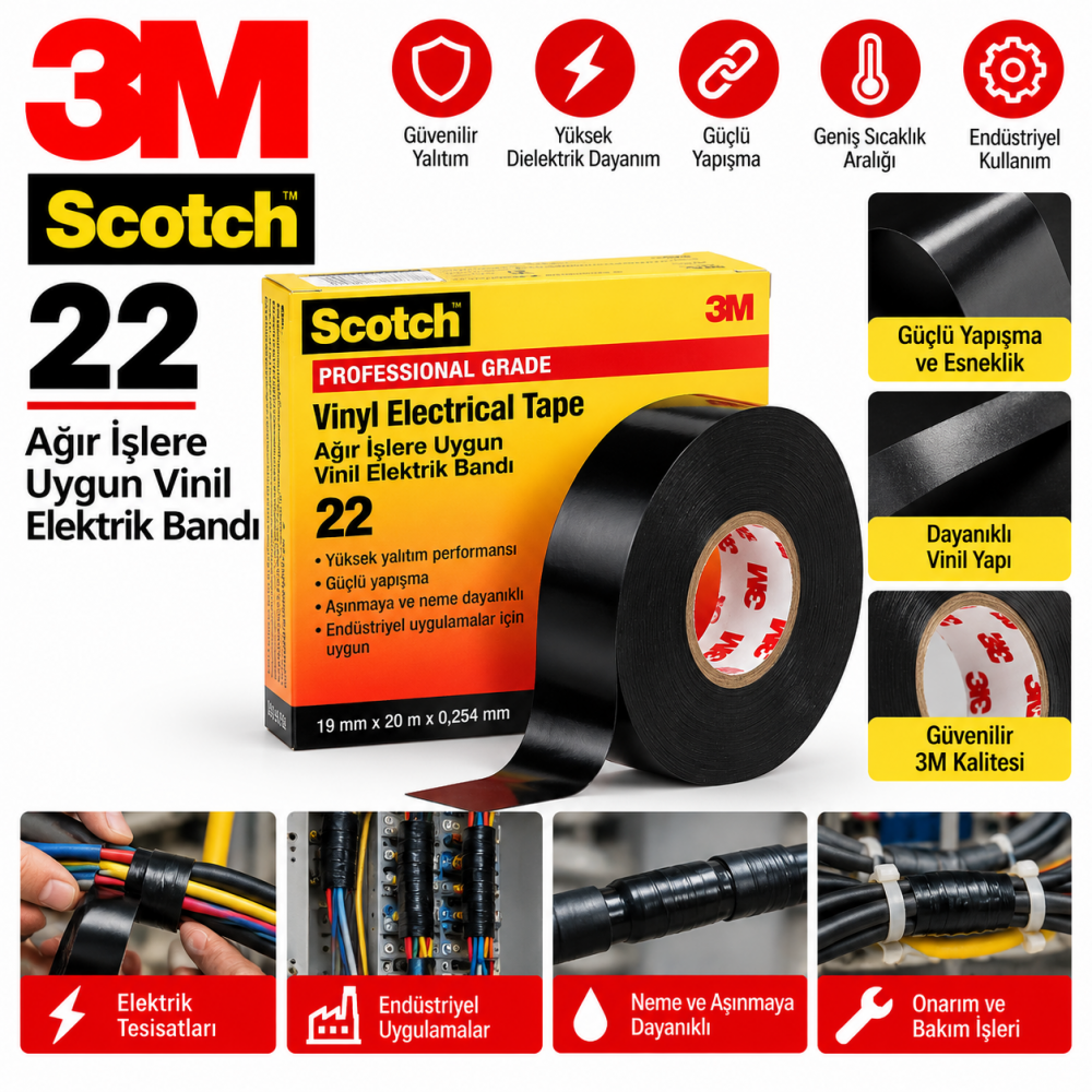 3m Scotch  22 Ağır Işlere Uygun Vinil Elektrik Bandı