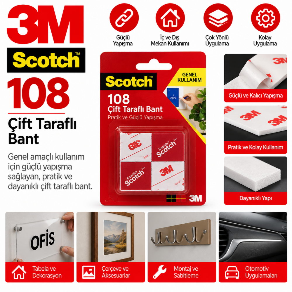 3M Scotch 108 Çift Taraflı Bant 