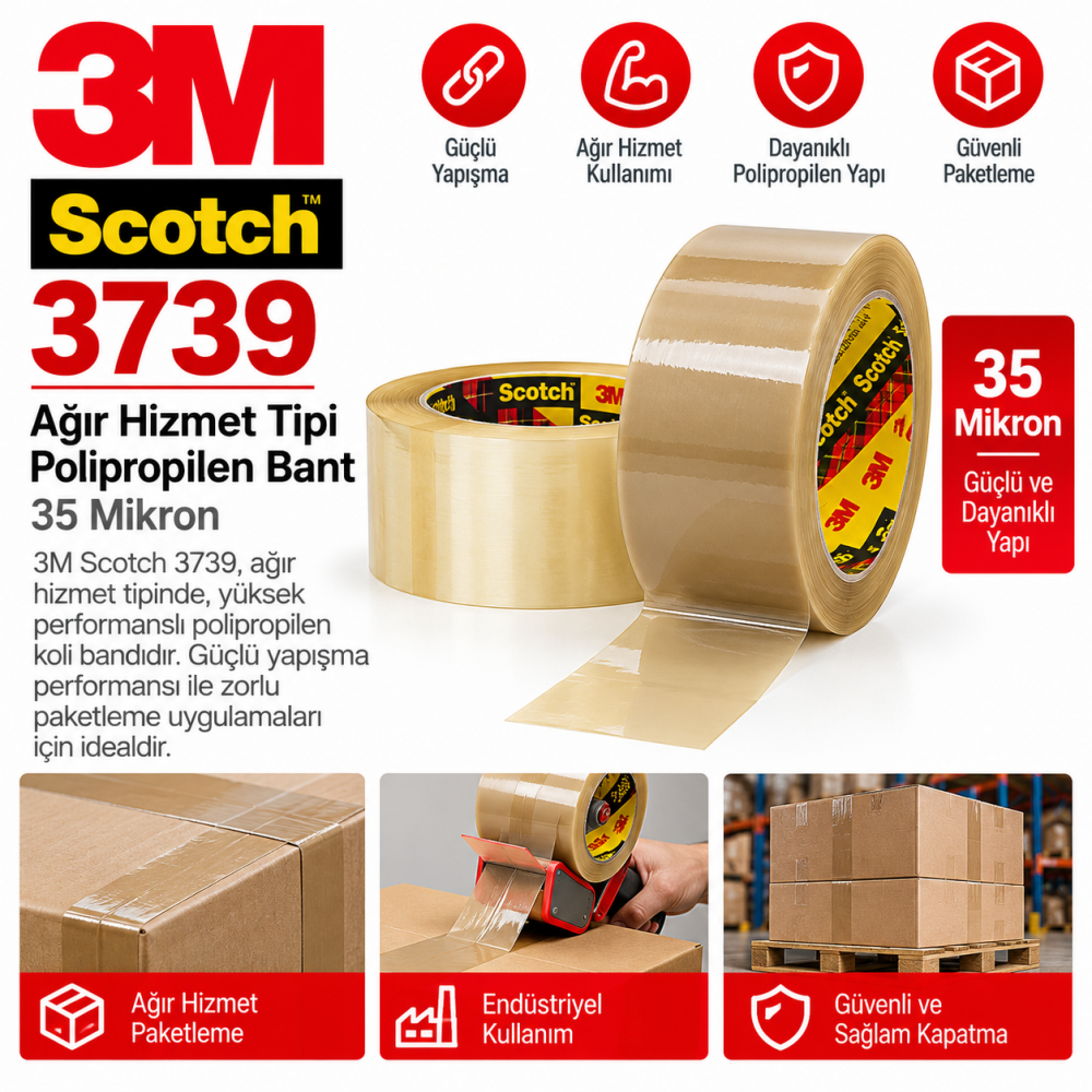 3M Scotch 3739 Ağır Hizmet Tipi Polipropilen Bant, 35 Mikron