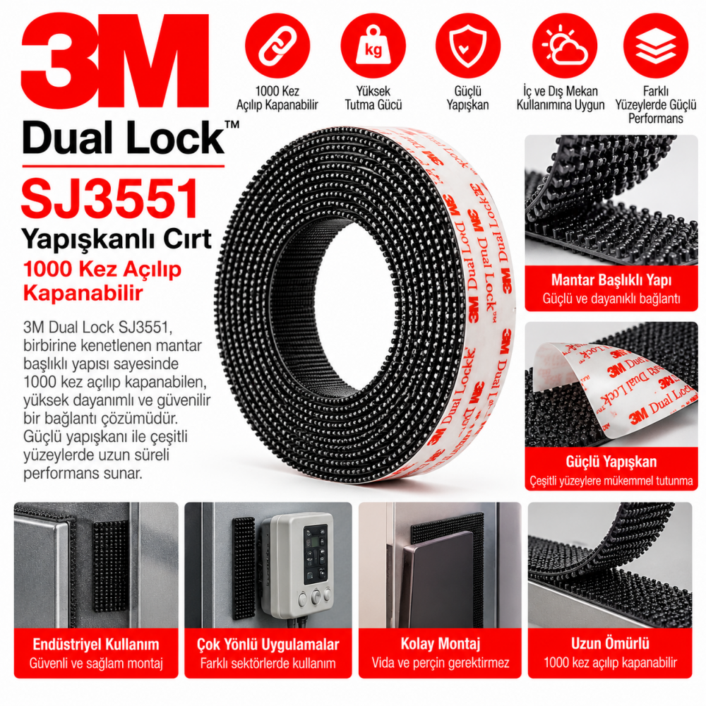 3M SJ3551 Dual Lock Yapışkanlı Cırt 1000 Kez Açılıp Kapanabilir