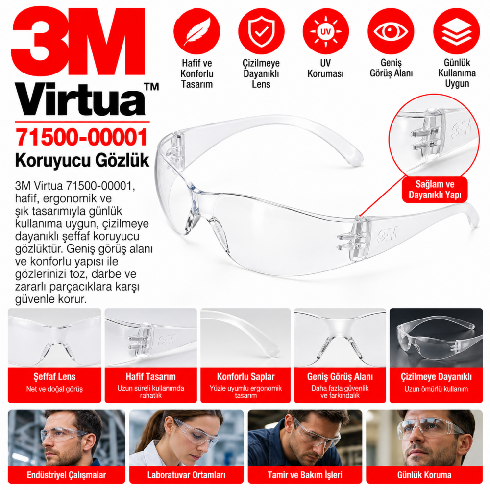 3m Virtua 71500-00001 Çizilmeye Dayanıklı, Şeffaf Koruyucu Gözlük 