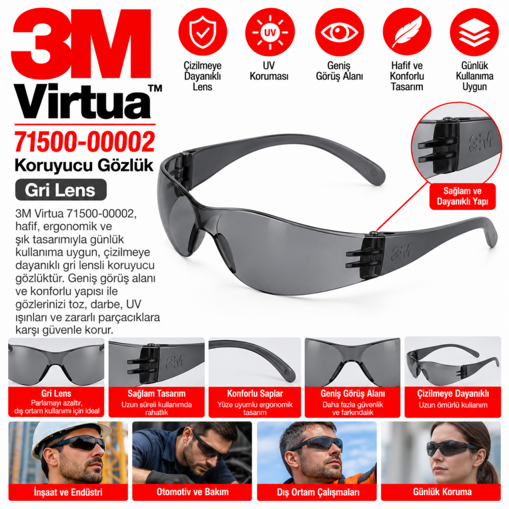 3m Virtua 71500-00002 Çizilmeye Dayanıklı Gri Koruyucu Gözlük