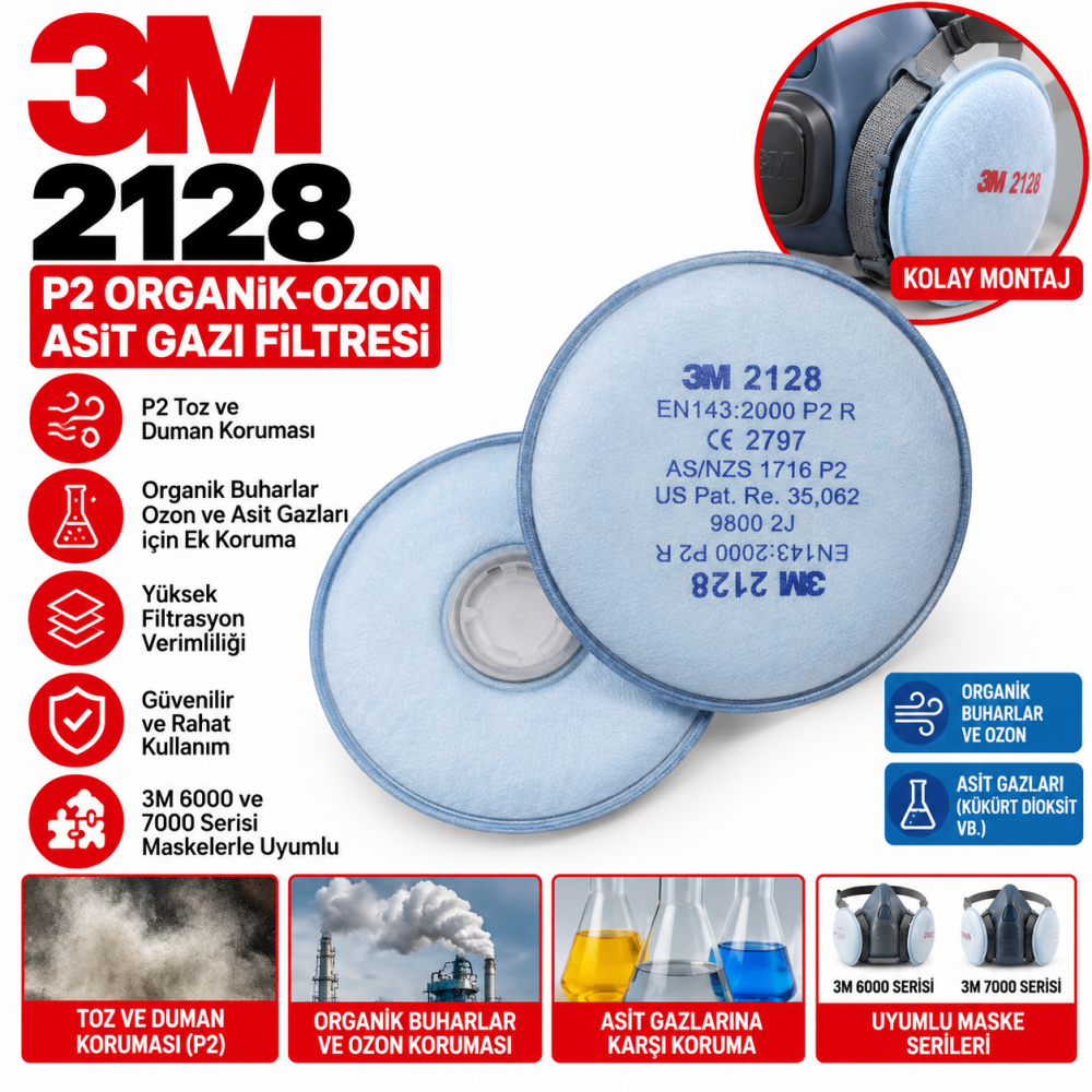 3M 2128 P2 Organik-Ozon Asit Gazı Filtresi 