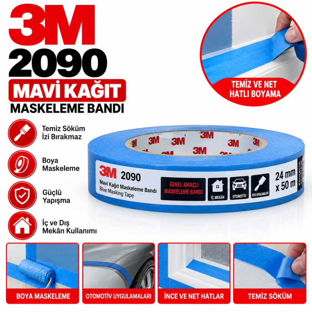 3m 2090 Mavi Kağıt Maskeleme Bandı 24mmx50m 60 Adet