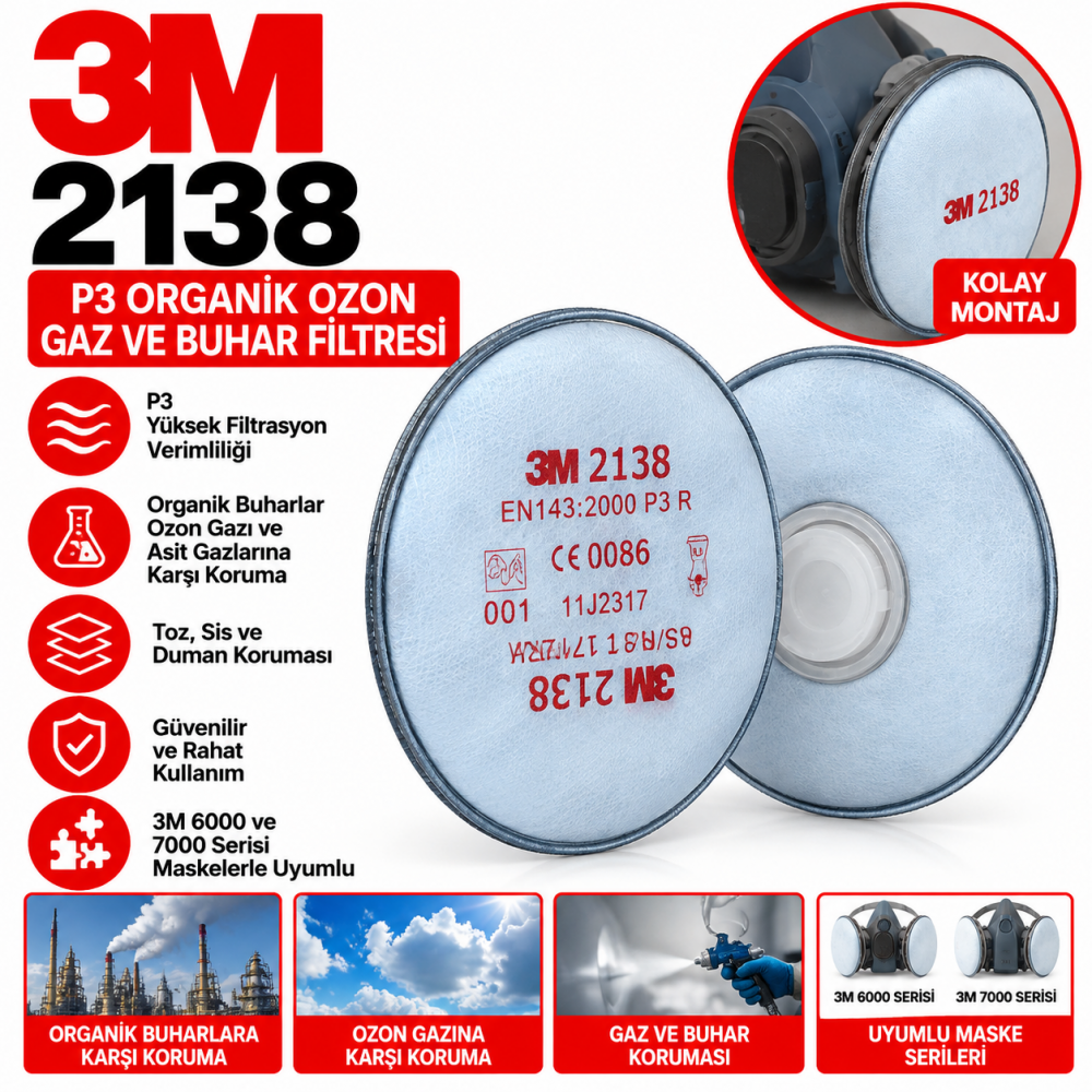 3M 2138 P3 Organik  Ozon Gaz Ve Buhar Filtresi 