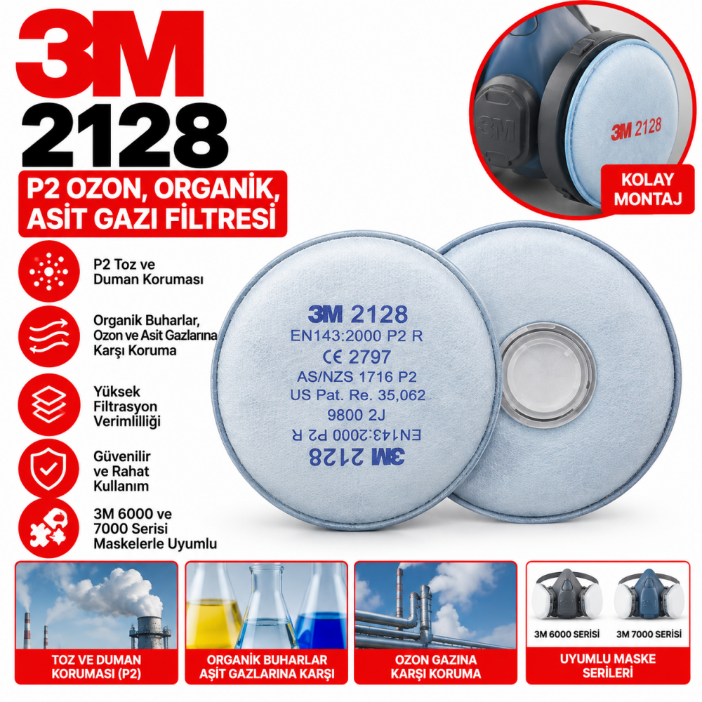 3M 2128 P2 Ozon, Organik, Asit Gazı Filtresi 