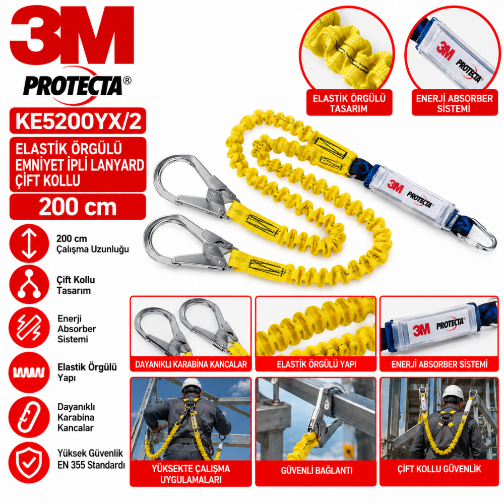 3M Protecta KE5200YX/2 200 cm Elastik Örgülü Emniyet İpli Lanyard Çift Kollu 