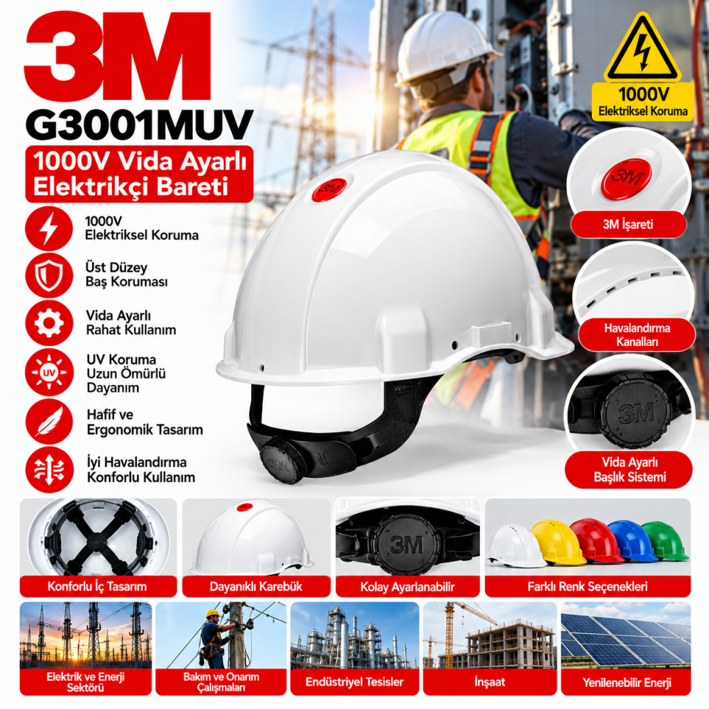 3M G3001MUV 1000V Vida Ayarlı Elektrikçi Bareti