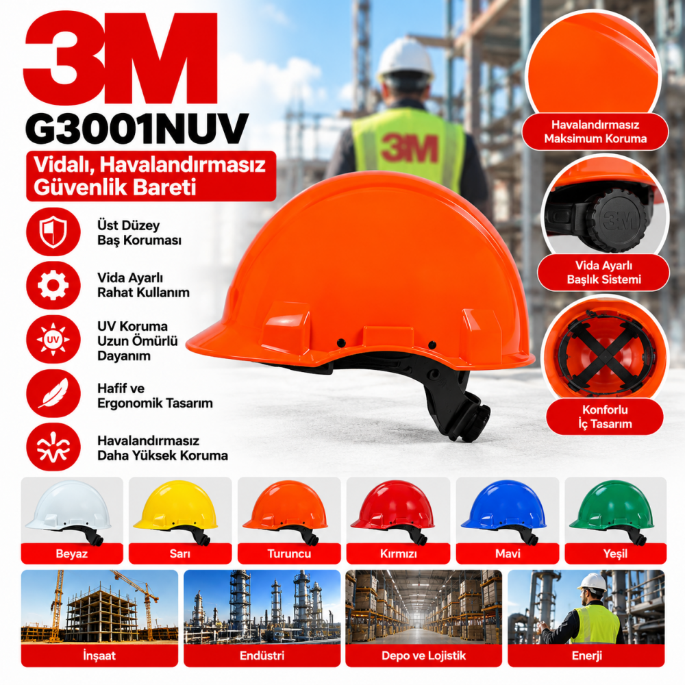 3M G3001NUV Vidalı, Havalandırmasız Güvenlik Baretli