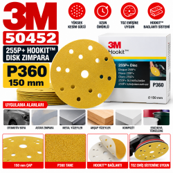 3m 50452 255P+ Hookit P360 Sarı Disk Zımpara 150MM  