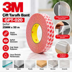 3M Çift Taraflı Bant GPT-020  - Şeffaf 25MM x 50 m