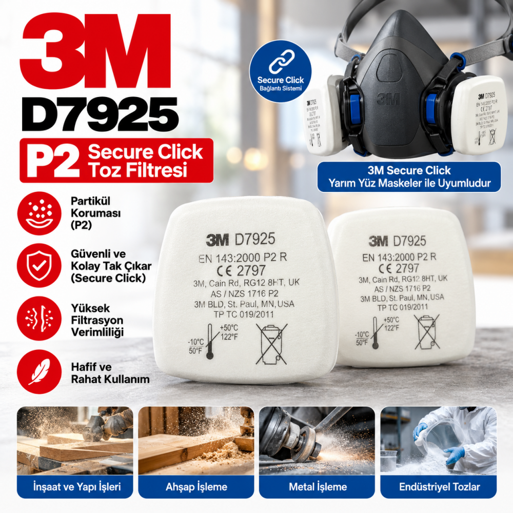 3M D7925 P2 Secure Click Toz Filtresi 12 Çift