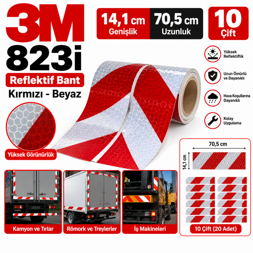 3m 823I Kırmızı Beyaz Reflektif Bant 14.1 cm x 70.5 cm 10 Çift