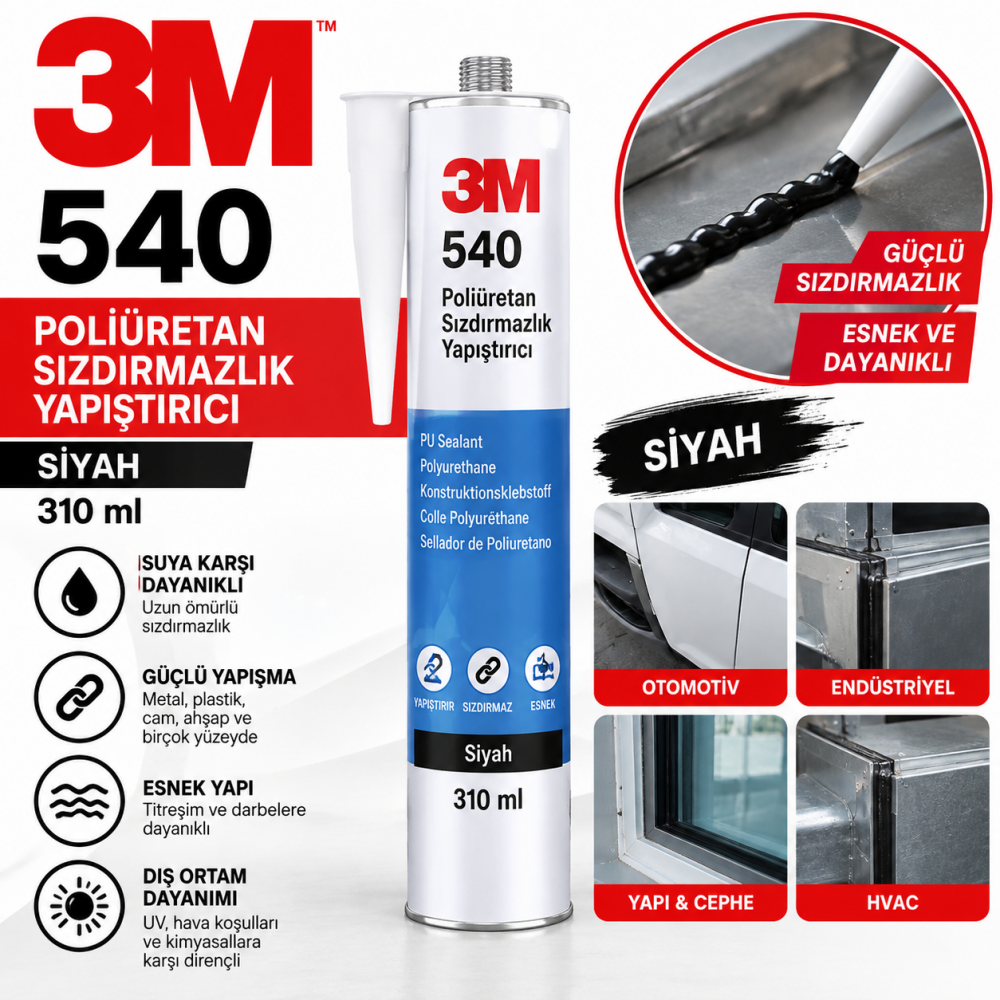 3M 540 Poliüretan Sızdırmazlık Yapıştırıcı - Siyah - 310 Ml.