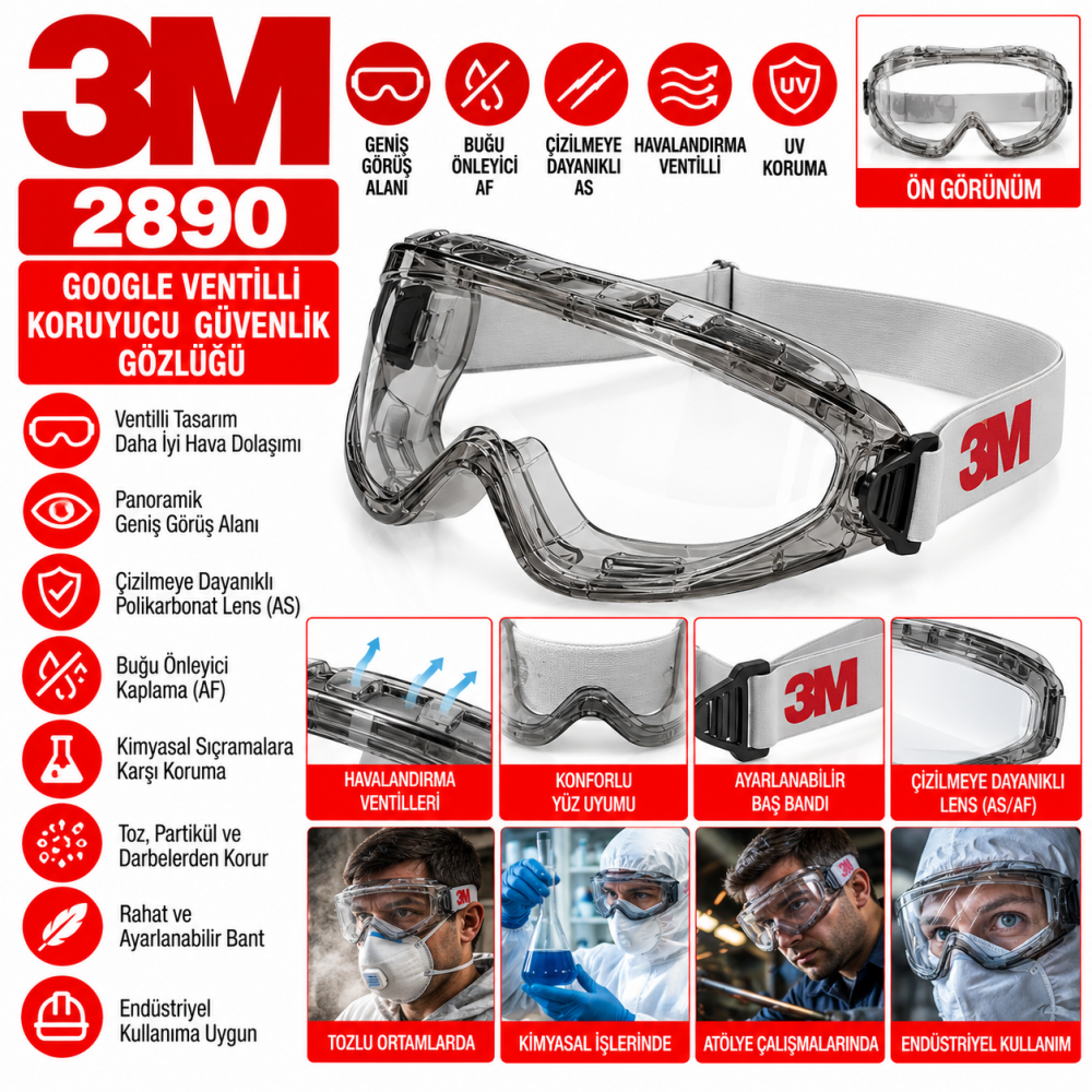 3M 2890 Google Ventilli AS/AF Koruyucu Güvenlik Gözlüğü 
