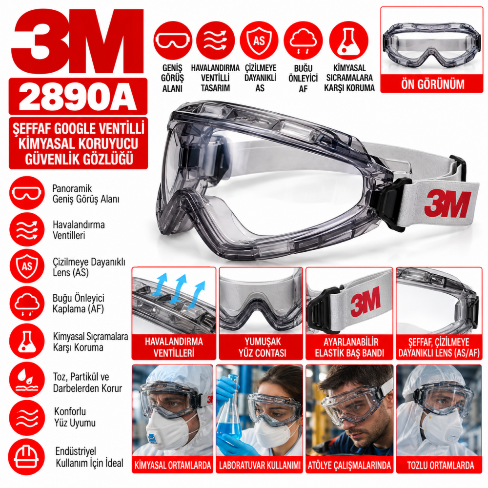 3M 2890A Şeffaf Google Ventilli AS/AF Kimyasal Koruyucu Güvenlik Gözlüğü 