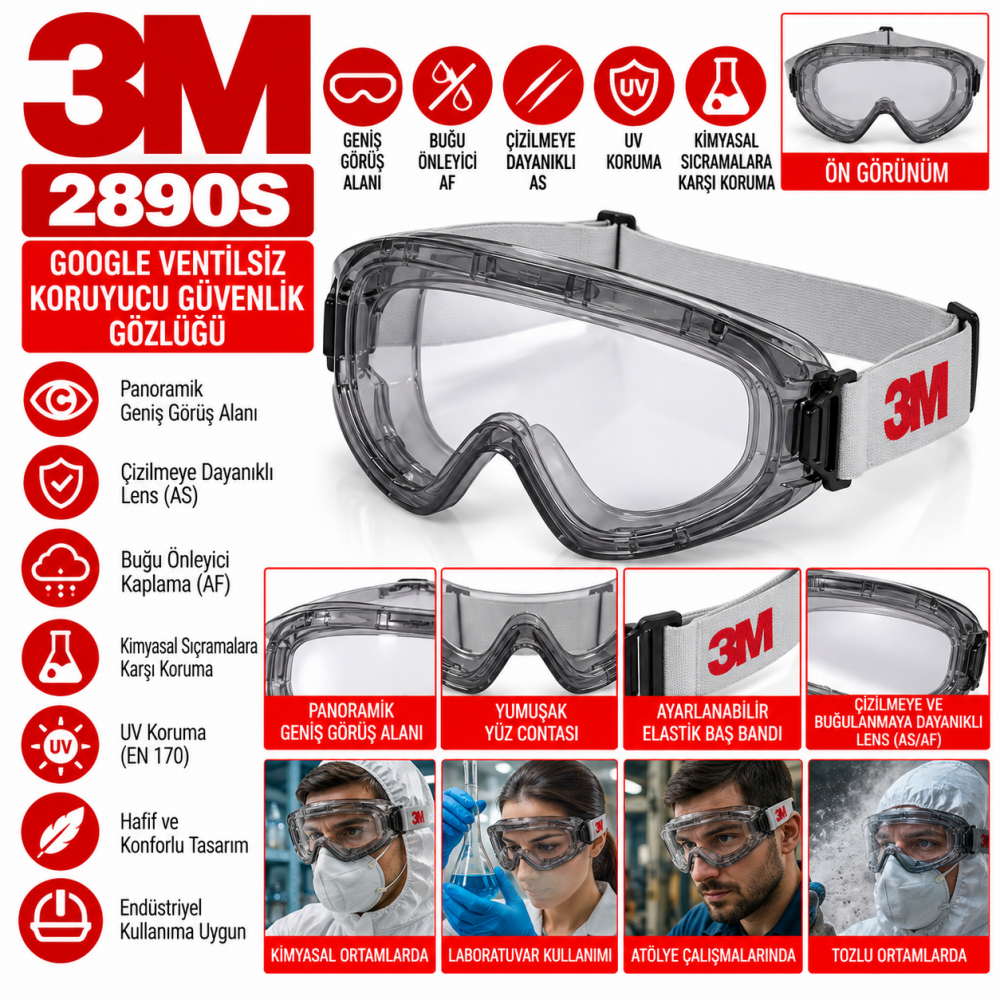 3M 2890S Google Ventilsiz AS/AF Koruyucu Güvenlik Gözlüğü