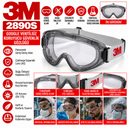 3M 2890S Google Ventilsiz AS/AF Koruyucu Güvenlik Gözlüğü