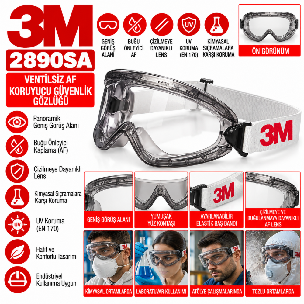 3M 2890SA Ventilsiz AF Koruyucu Güvenlik Gözlüğü 