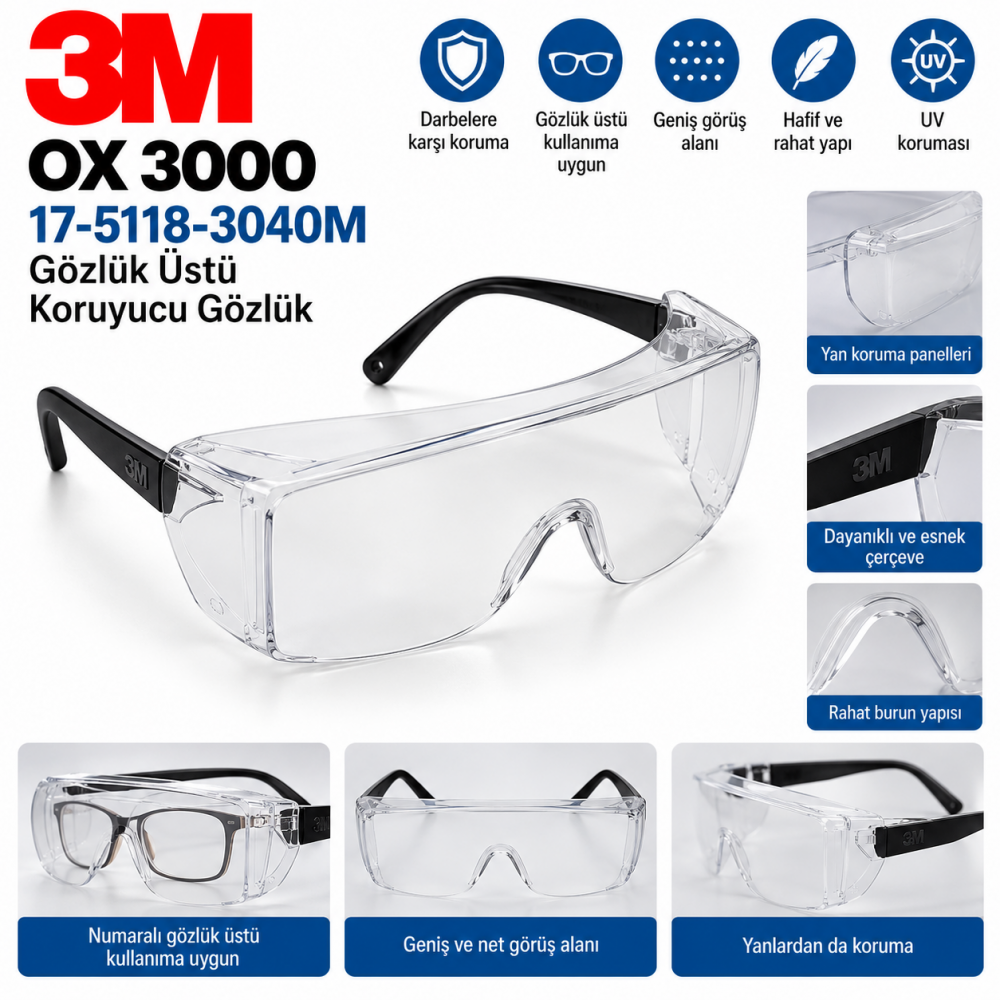 3M OX 3000 17-5118-3040M Gözlük Üstü Koruyucu Gözlük 