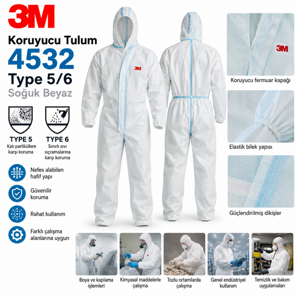 3M Koruyucu Tulum 4532 Type 5/6 Soğuk Beyaz