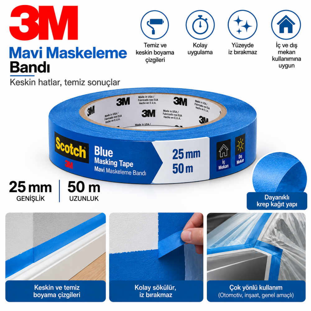 3M Mavi Bant 25Mm Mavi Maskeleme Bantı 50 Mt 