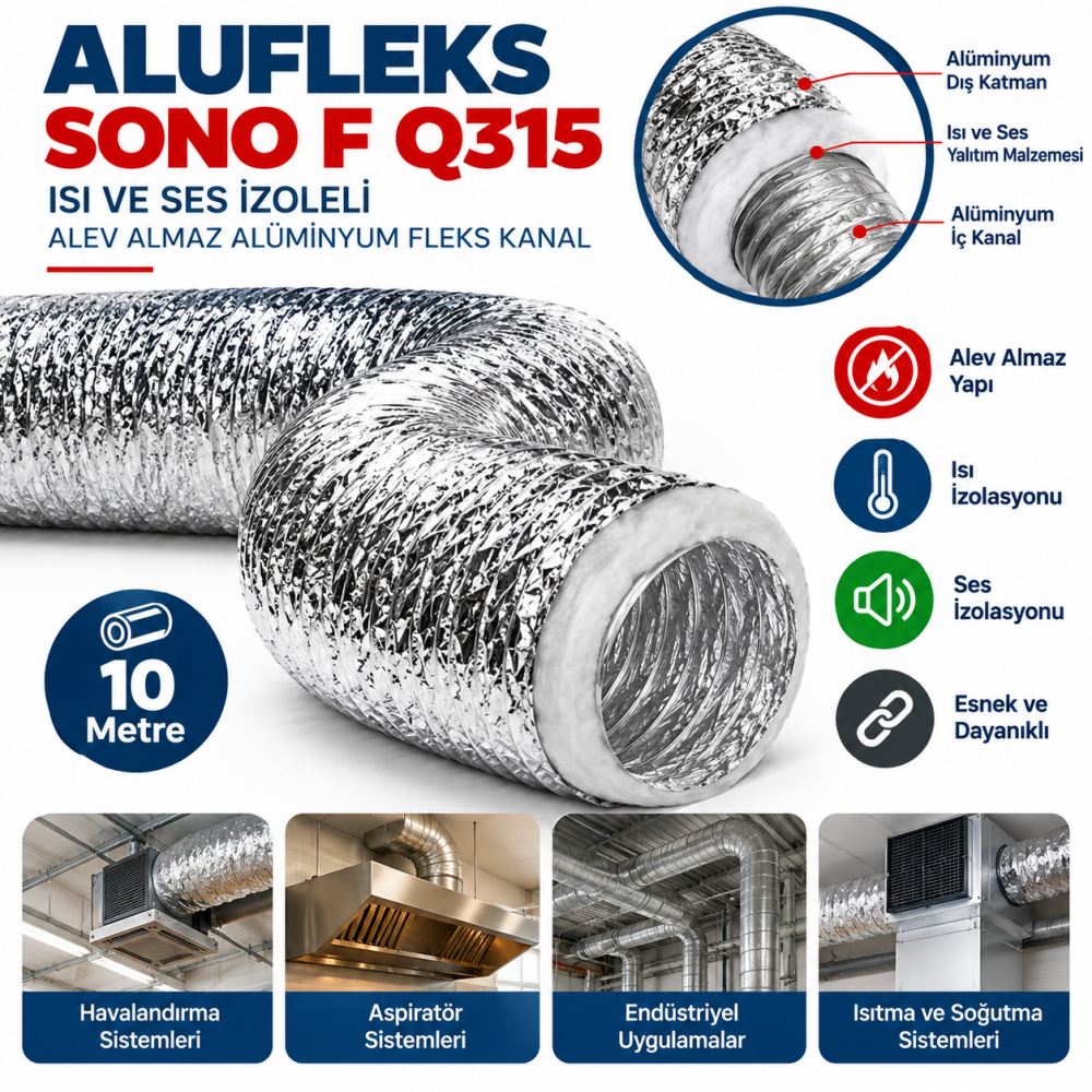 ALUFLEKS SONO F Q315- 10 M ISI VE SES İZOLELİ ALEV ALMAZ ALÜMİNYUM FLEKS KANAL