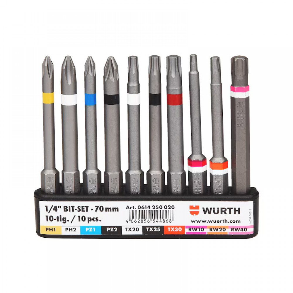 Würth Uç ürün gamı1/4 inç,kemer klipsi,10 parça BİTS UÇ SETİ 1/4 İNÇ 70MM - 10 PARÇA