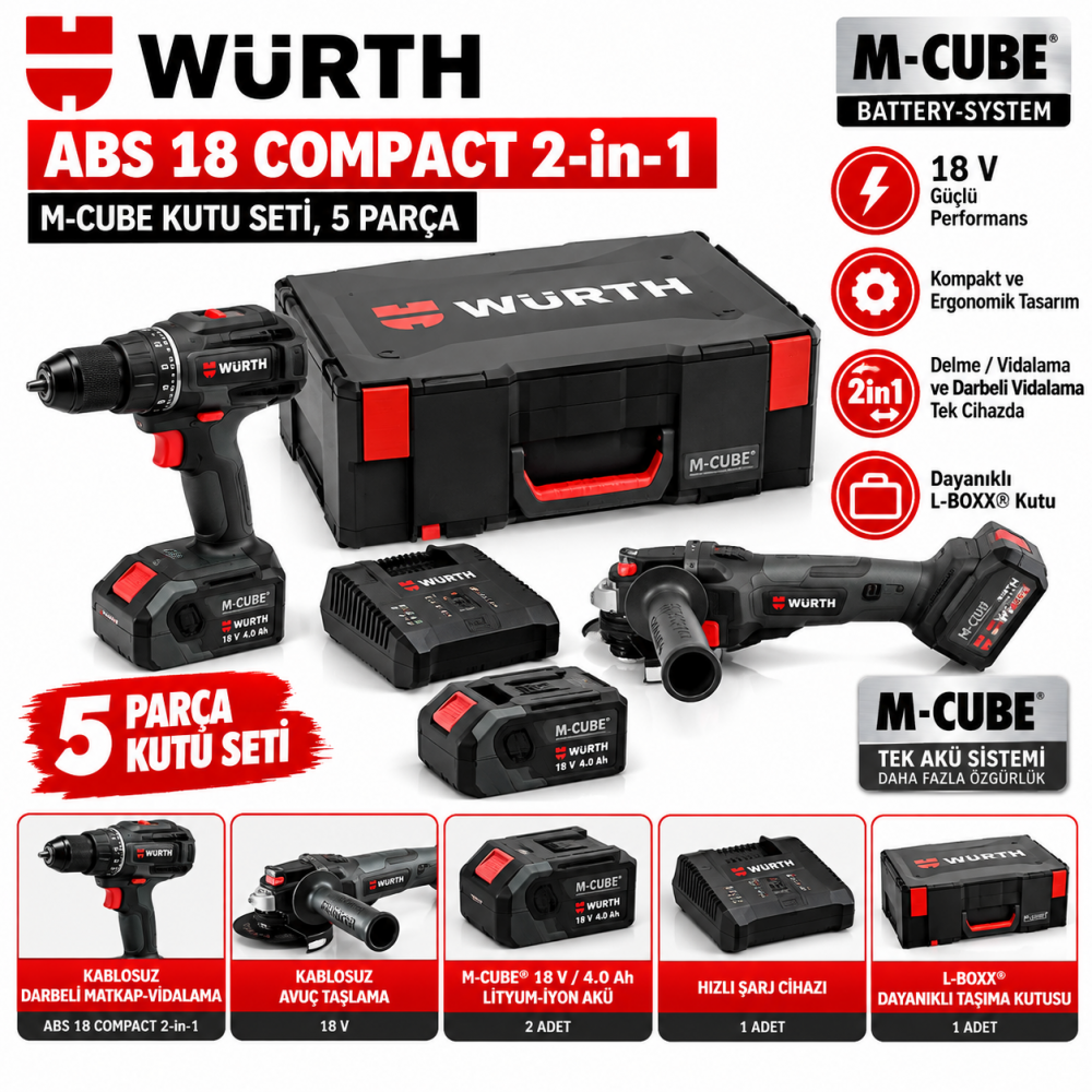 Würth  ABS 18 COMPACT 2-in-1 M-Cube kutu seti, 5 parça