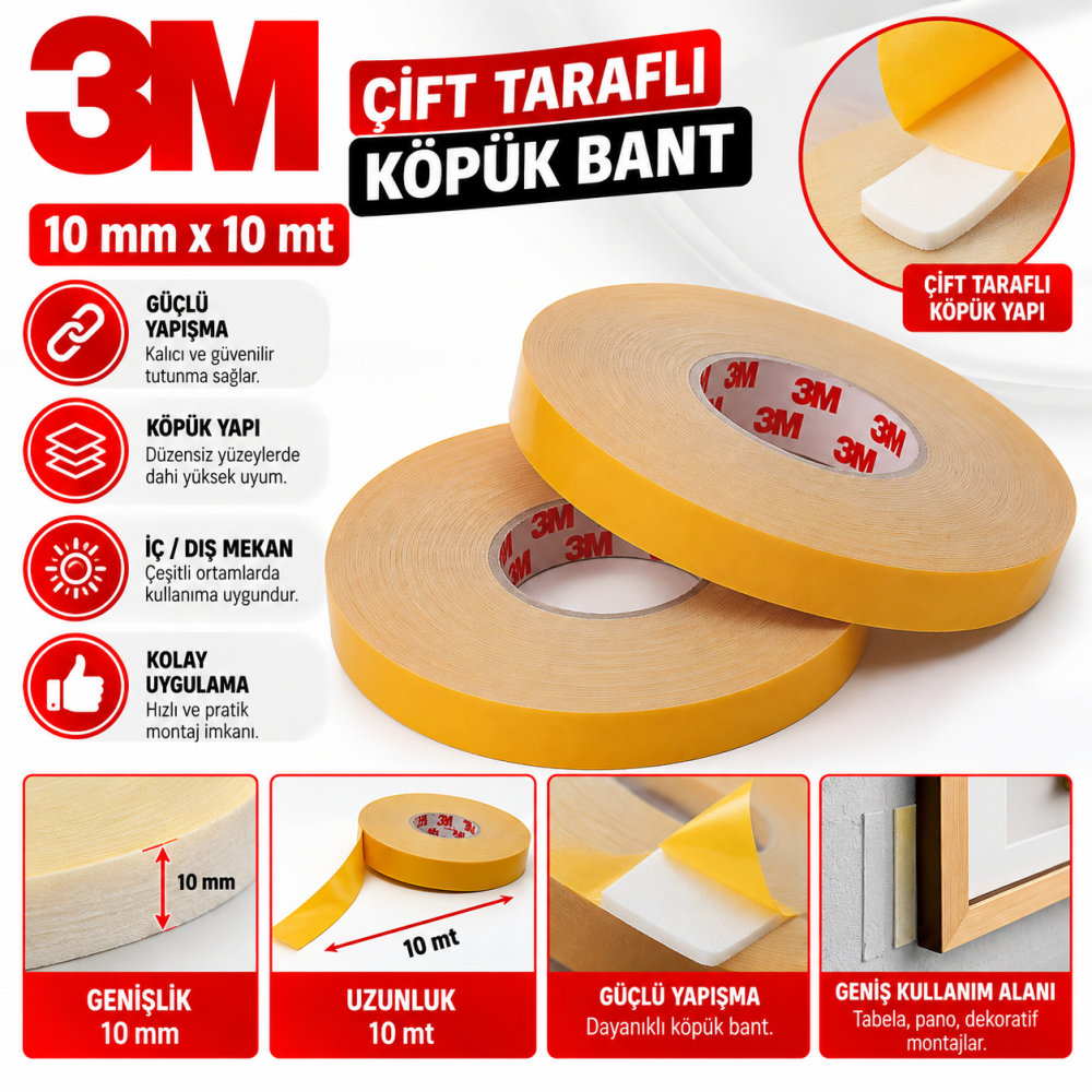 3m 10X10 MT Çift Taraflı Köpük Bant 