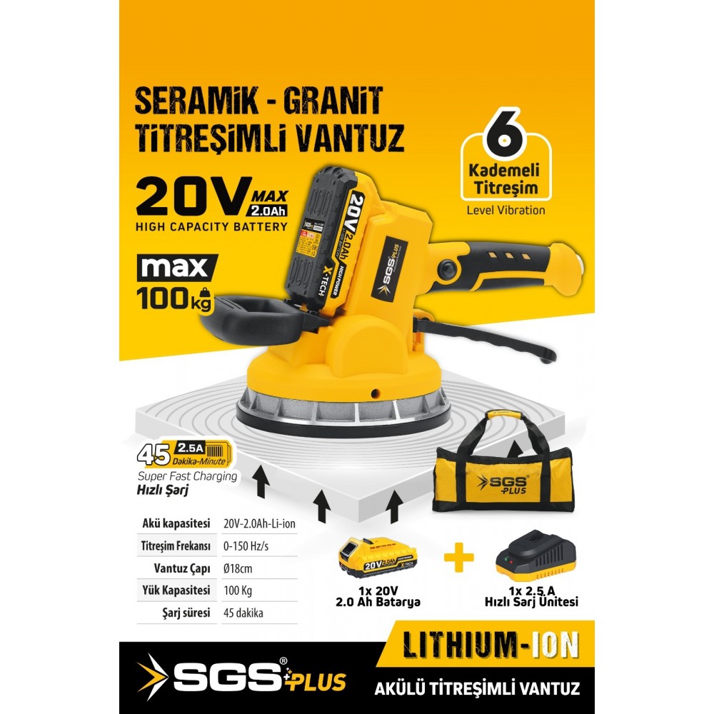 20 Volt 2 Amper Akülü Titreşimli Vantuz Seramik Granit Makinesi