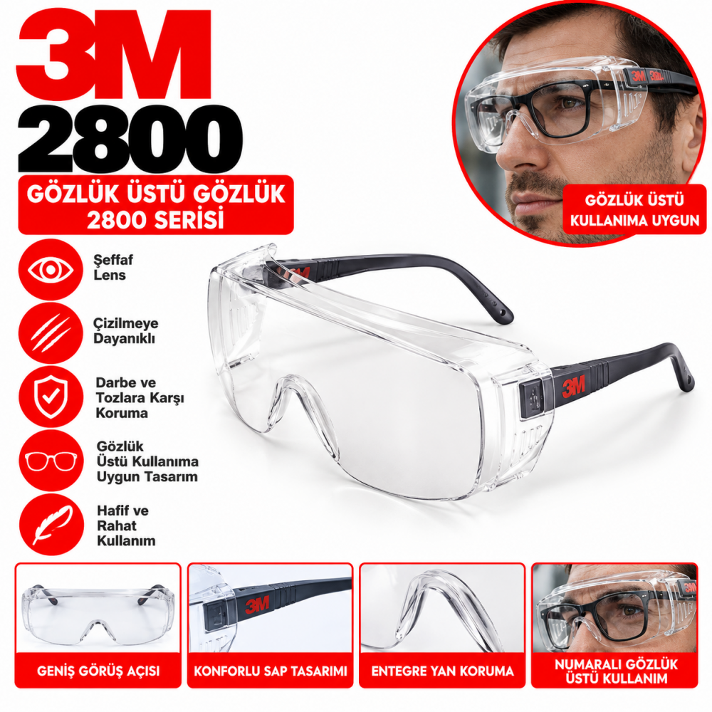 3M 2800 Gözlük Üstü Gözlük 2800 Serisi,Çizilmeye Dayanıklı,Şeffaf Lens
